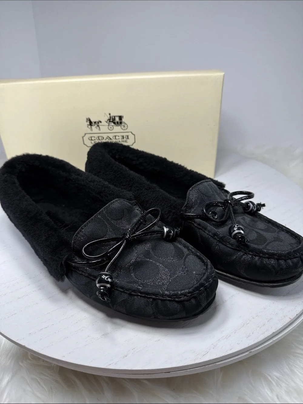Coach Black Signature Jacquard Bow-Accent Shearling Moccasins
